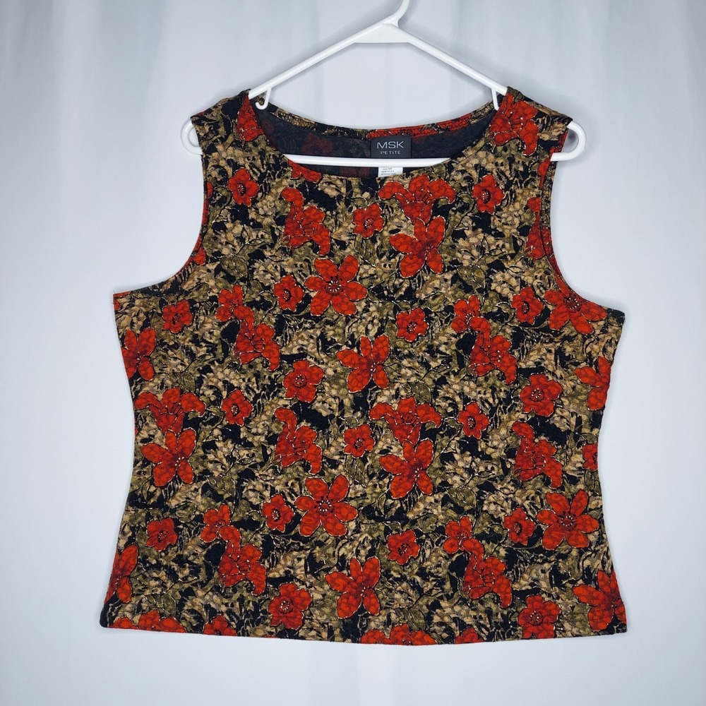 MSK Vtg 90s Tank Top Women PXL Red Black Metallic Dark Floral Romantic Grunge